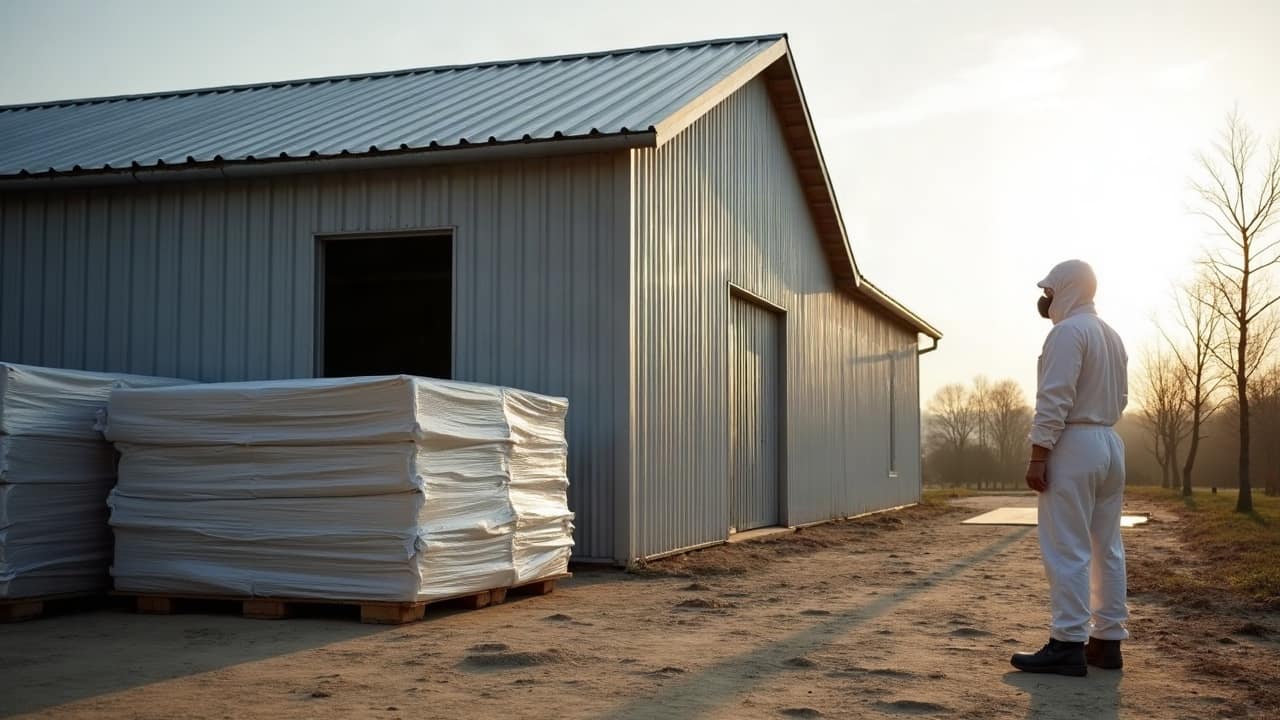 Opérateur en combinaison blanche et masque, vu de dos devant un hangar agricole propre, palettes de plaques filmées posées au sol.