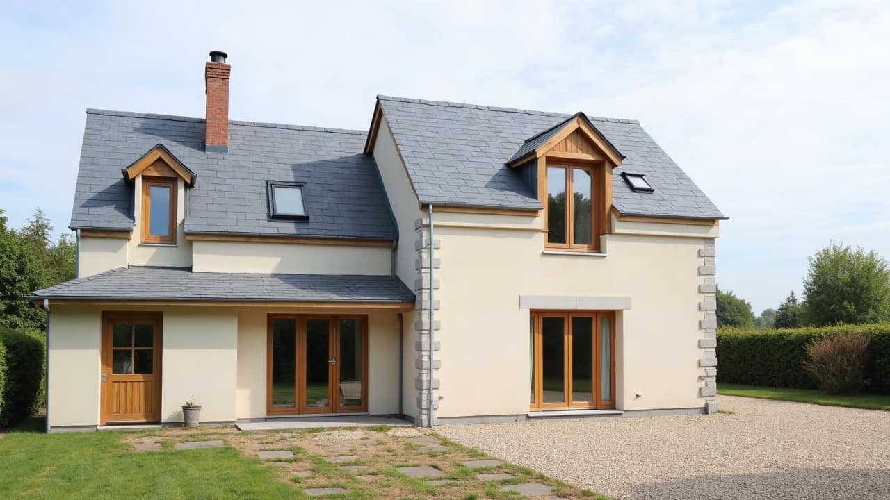 Pignon de maison normande entièrement recouvert d'un bardage neuf clair, façade nette sous un ciel dégagé, aucun élément en amiante-ciment visible.