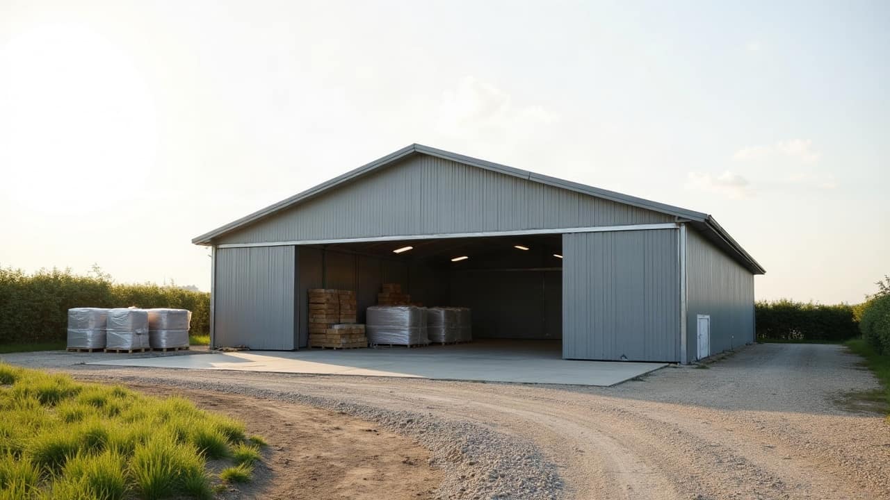 Grand hangar agricole normand entièrement recouvert d'une toiture neuve en bac acier, cour dégagée et bâtiment d'exploitation propre sous un ciel clair.